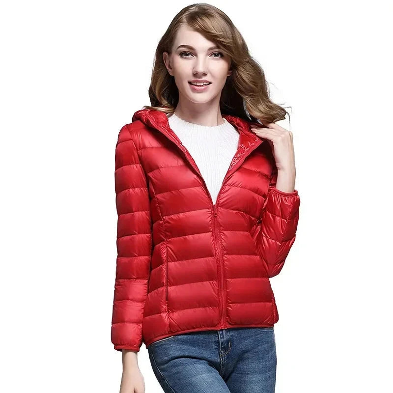 Winter Women's Light Down Hooded Jacket,Red Blue Khaki Green GlowCart