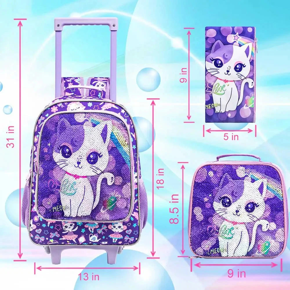 3PCS Rolling Backpack for Girls Kids Roller Wheels Bookbag with Lunch Bag Purple Cat Pattern Design Glow-in-the-Dark Function GlowCart