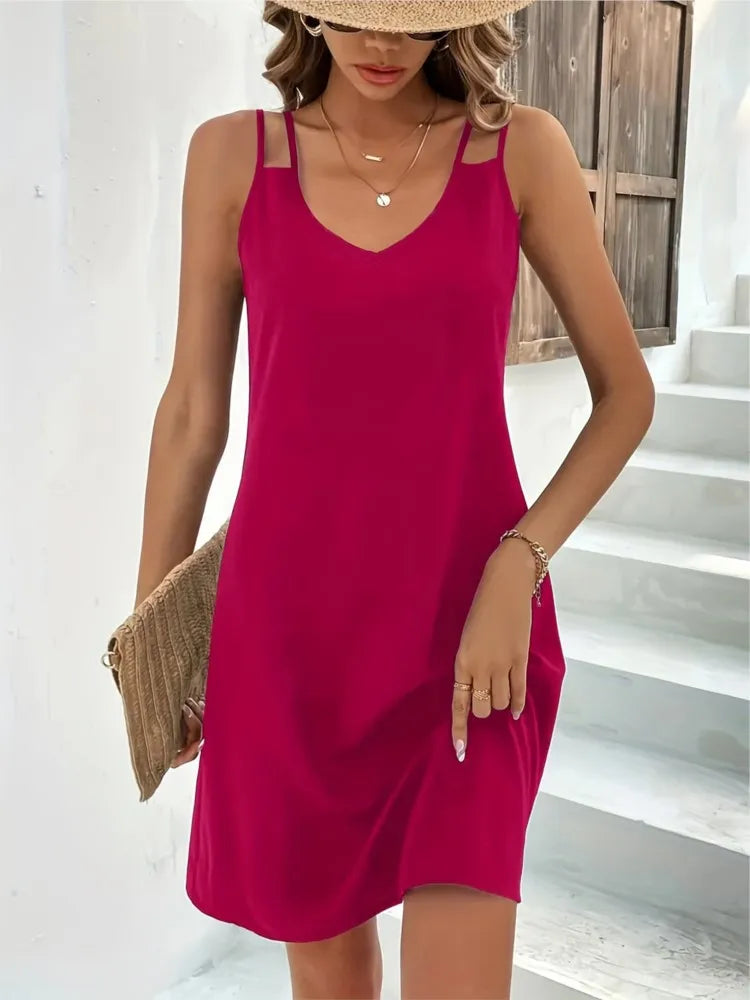2024 New Summer Fashion Solid V Neck Hollow Dress Women's Double Straps Elegant Bodycon Sleeveless Vestidos GlowCart