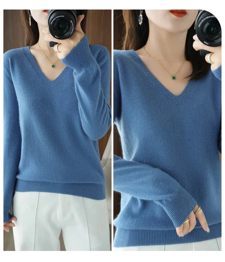 Women's Sweater 2025 Autumn Winter Knitted Pullovers V-neck GlowCart