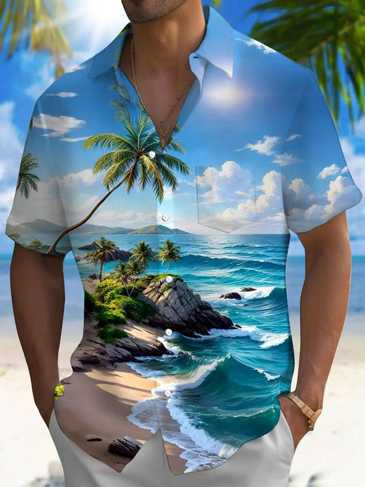 New Hawaii Spring/Summer Fashion Leisure Street Walk Tourist Beach Printed Full Open Short Sleeve Button Shirt, Quick Shipping GlowCart