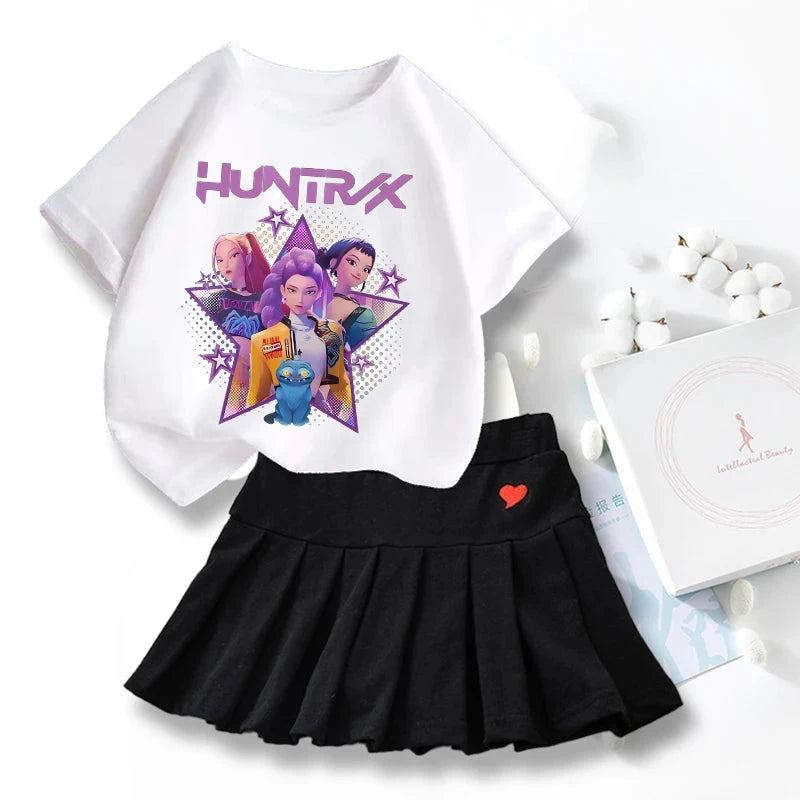 New K Pop Demon Hunters T-shirts Skirt Set Kawaii Cartoon Graphic T-shirt Kids Casual Short Sleeves Tops Summer Girl Clothes GlowCart