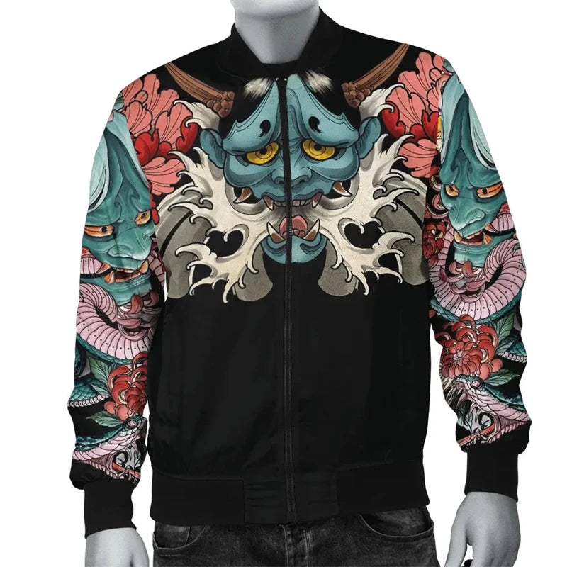 Spring Autumn Mens Bomber Jacket Samurai Oni Mask Tattoo 3D All Over Printed Zip Tracksuits Unisex Casual Zipper Jacket Clothing GlowCart