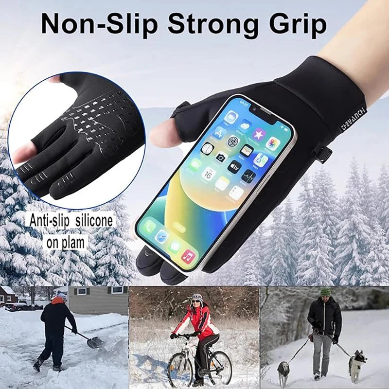 MuqiNush Winter Men's Warm Gloves Flip Cover Exposed Two Fingers Windproof Touch Screen Outdoor Sports Skiing Running Fishing GlowCart