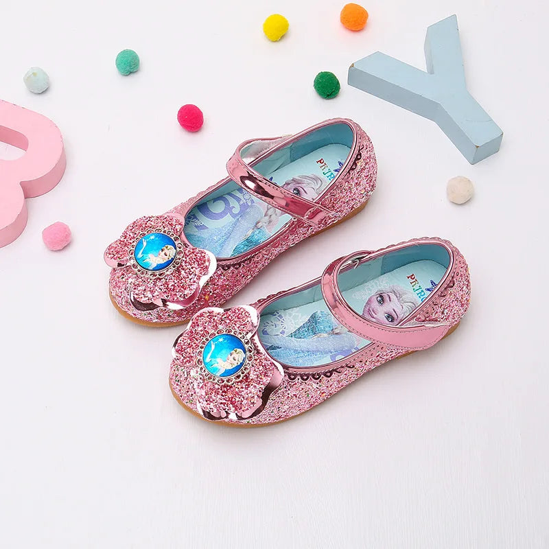 Disney Frozen Princess Elsa Cartoon Soft Sole Sandals Baby Girl Princess Shoes Crystal Shoes Children Flat Girl Leather Shoes GlowCart