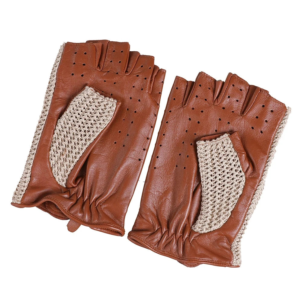 Men's Genuine Leather Driving Gloves motorcycle Fingerless Glove Sheepskin With Cotton Crochet GlowCart
