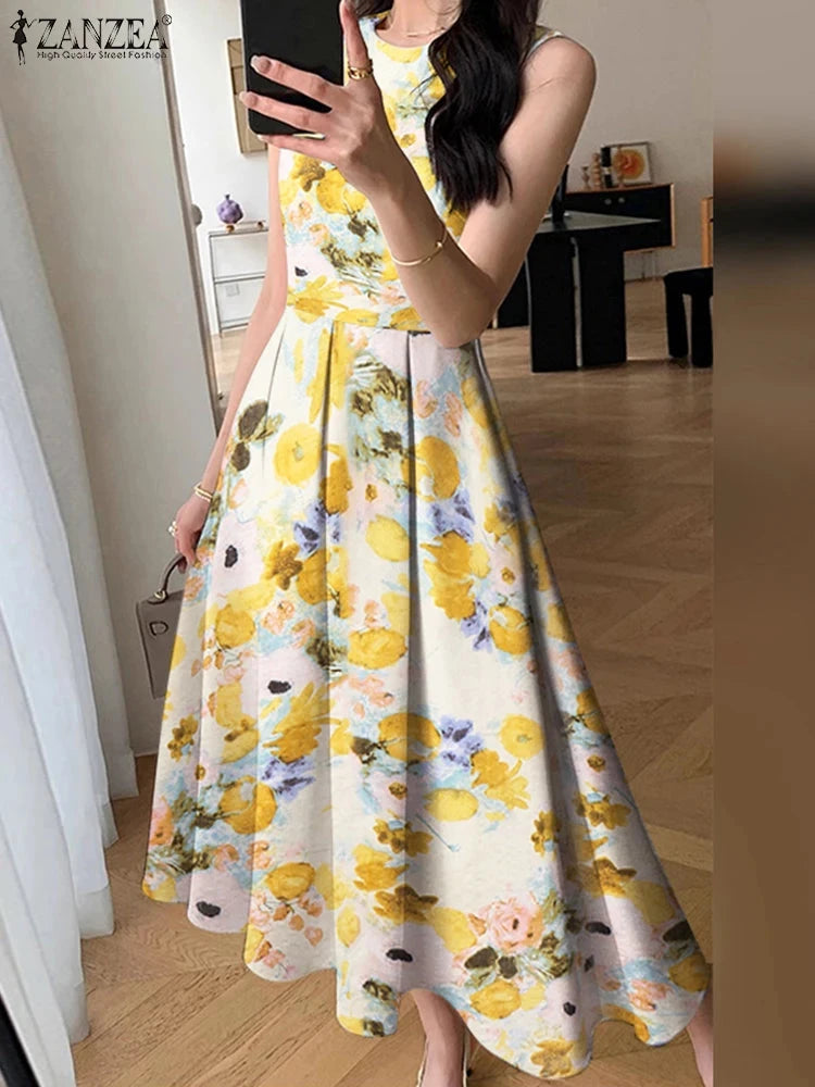 ZANZEA Women Sleeveless Pleated Dress 2025 Summer Korean GlowCart