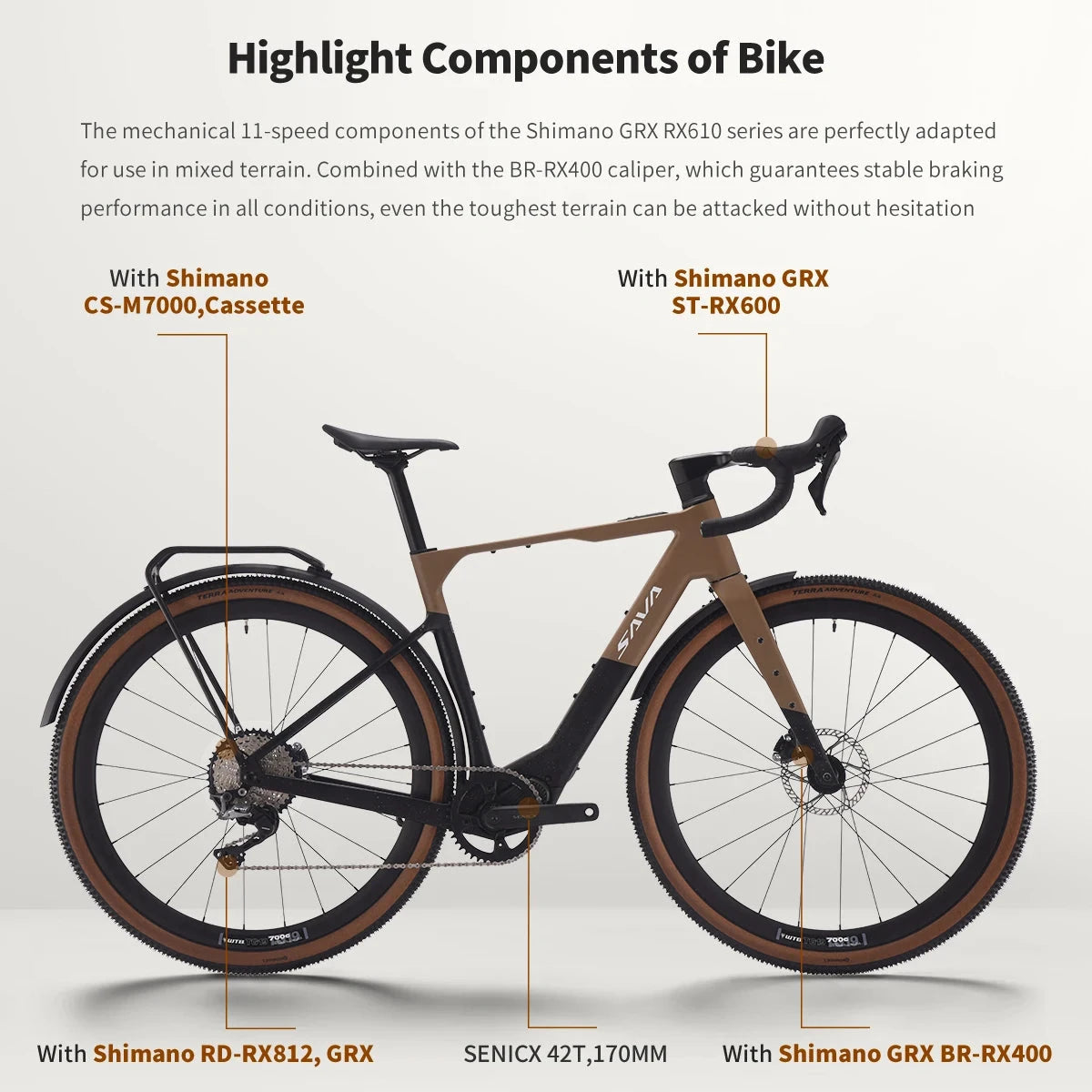 SAVA E-BIKE carbon fiber gravel bike electric assist bicycle equipped with SHIMAN0 GRX ST-RX600 kit GlowCart