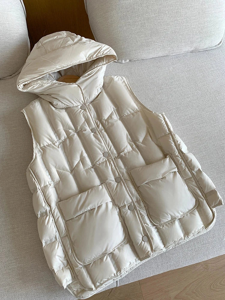 Autumn Winter Lightweight Hooded Down Vest Female Single GlowCart