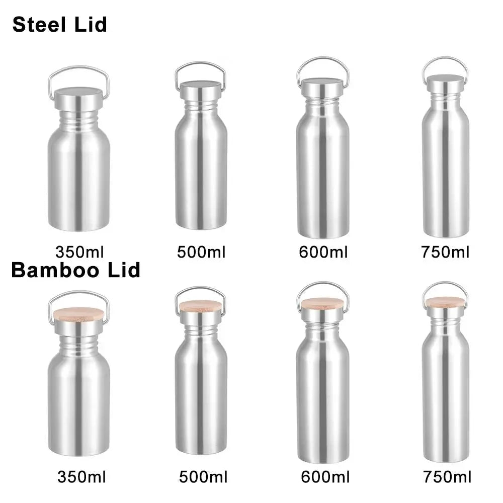 Simple Single Walled Water Bottle Leak-Proof Stainless Steel Bicycle Water Bottles Bamboo Lid Metal Flask Portable Sports Kettle GlowCart