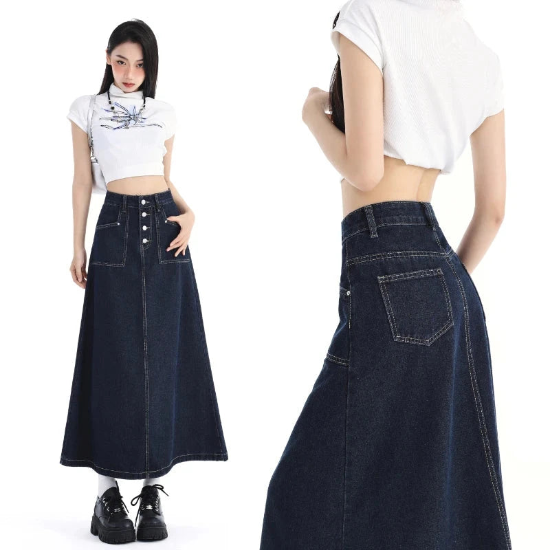 High Waist Denim Skirt Women Autumn 2024 New Arrival Single Buttons Long Skirt Women Korean Style Casual Jeans Skirts Womens GlowCart