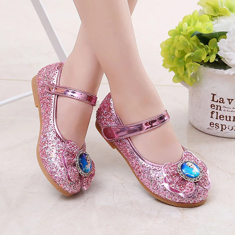 Disney Frozen Princess Elsa Cartoon Soft Sole Sandals Baby Girl Princess Shoes Crystal Shoes Children Flat Girl Leather Shoes GlowCart