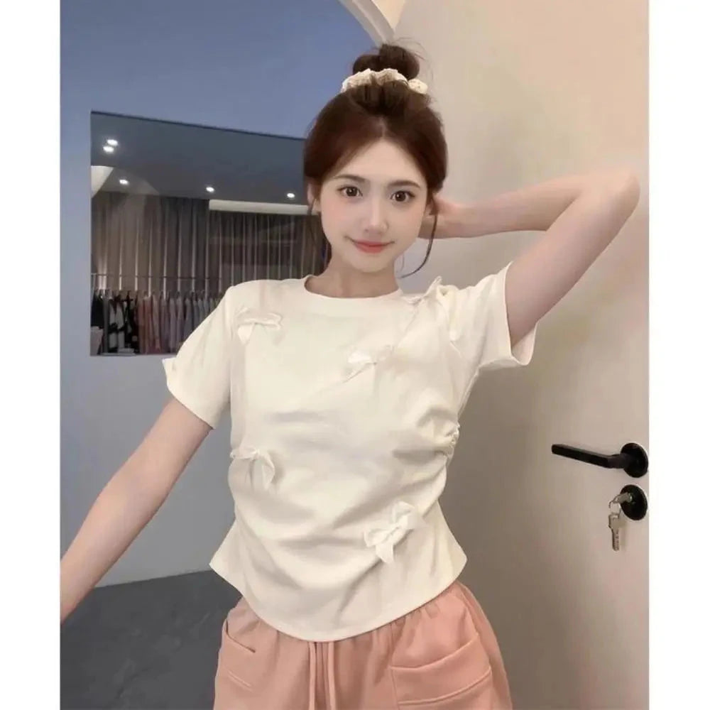 Elegant Ballet Bowknot T Shirts Round Collar Japanese Style GlowCart