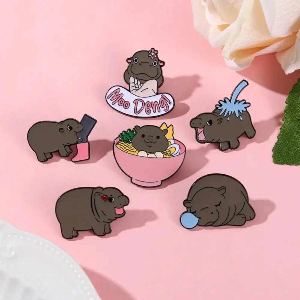 Cute Hippopotamus Enamel Brooch Cartoon Animal Thai MooDeng GlowCart