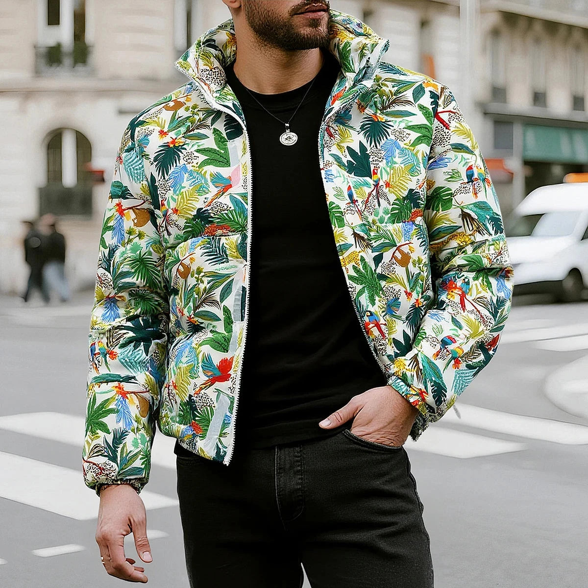 Winter Arrival Men's Beige Long-Sleeve Printed Thick Jacket, GlowCart