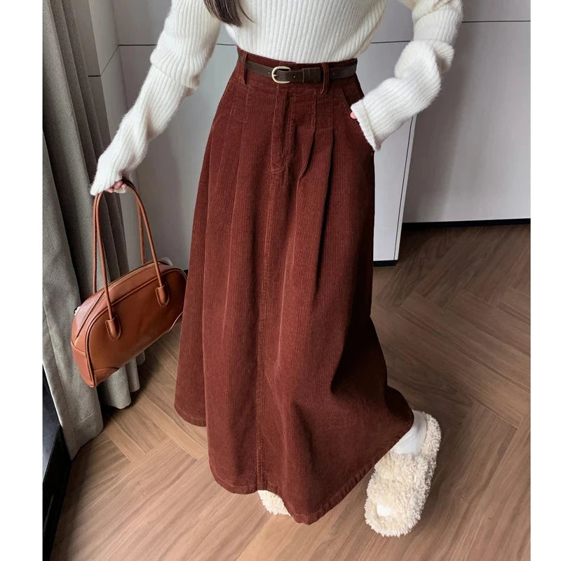 Elegant Winter Corduroy Maxi Long Skirt Women Fashion Korean Big Swing Umbrella A-line Skirts Loose Elastic Waist Falda Plisada GlowCart