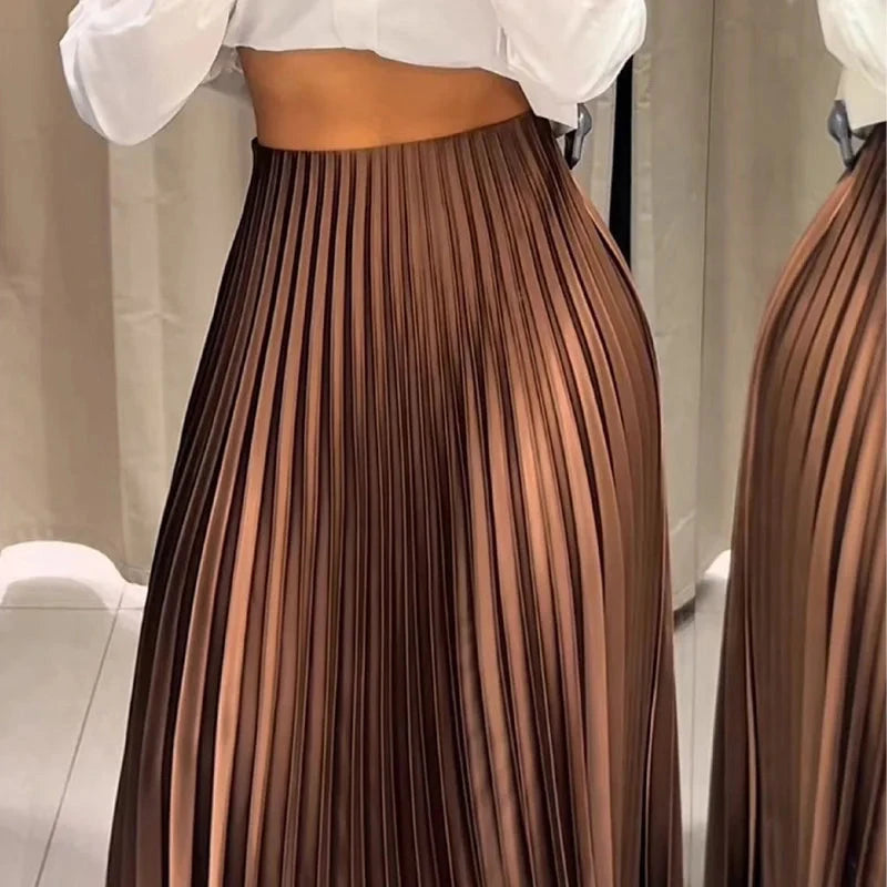 HXAO Women's Pleated Skirt Summer Brown Ruffle Skirt Cylinder Pleats Mid Waist Midi Skirt Fashion Elegant Women Long Skirt 2025 GlowCart