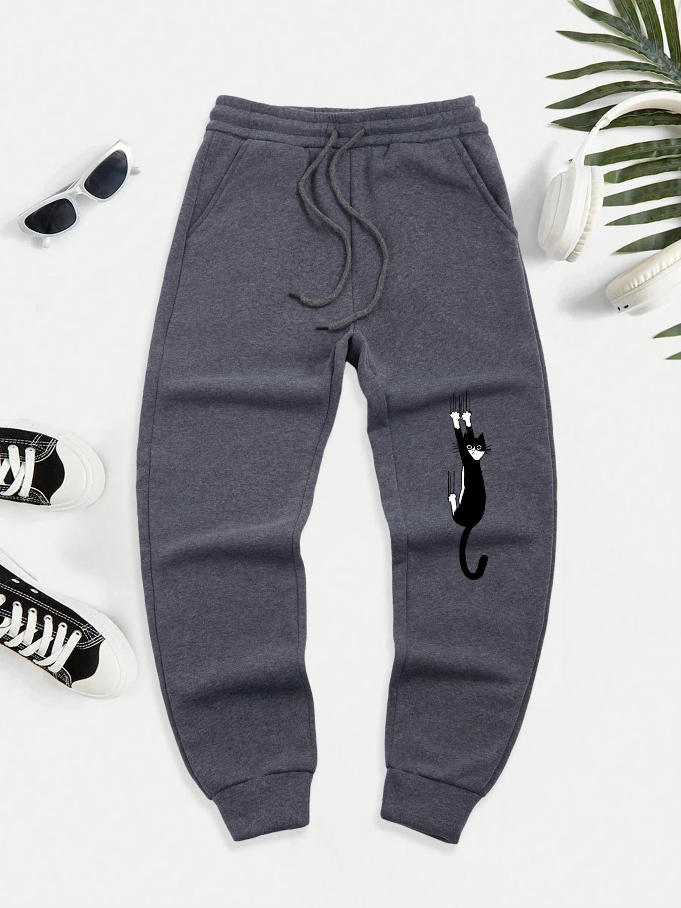 Black Cat Scratch Printed Men Autumn Warm Sweatpant Casual GlowCart