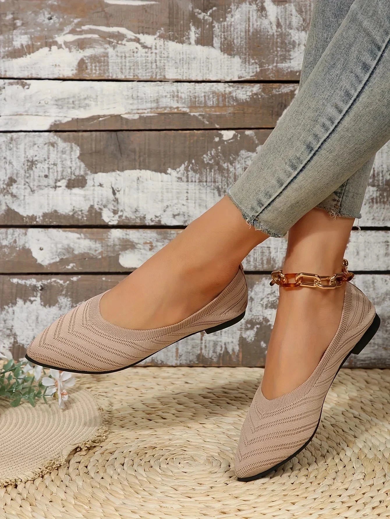 New 2024 Pointed Toe Flat Office Boat Solid Color Knitted GlowCart