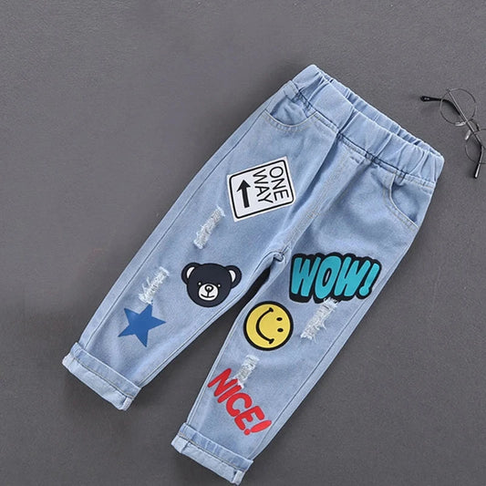 Children Jeans  Boys Cotton Print Splice Stretch Denim Pants Korean Teenage Trousers Wear Kids ClothingDenimRipped Spring Autum GlowCart