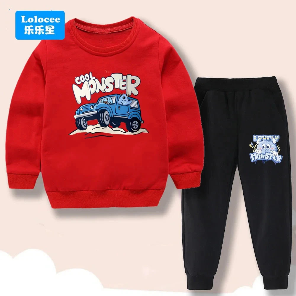 Spring/Autumn Children's Clothing Sets Cartoon Monster Print Boys' O Neck Sweatshirt Pants Two Piece Pullover Set for Kids GSJX1 GlowCart