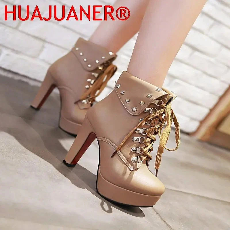 Winter Style Thick High Heels Rivets Lace Up Ankle Boots GlowCart