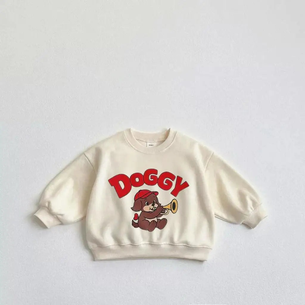 Lovely Tops Baby Boys Solid Color Long Sleeve Cartoon Little Dog Print Hoodie Beige Pink Clothing Child New 2025 Autumn Popular GlowCart