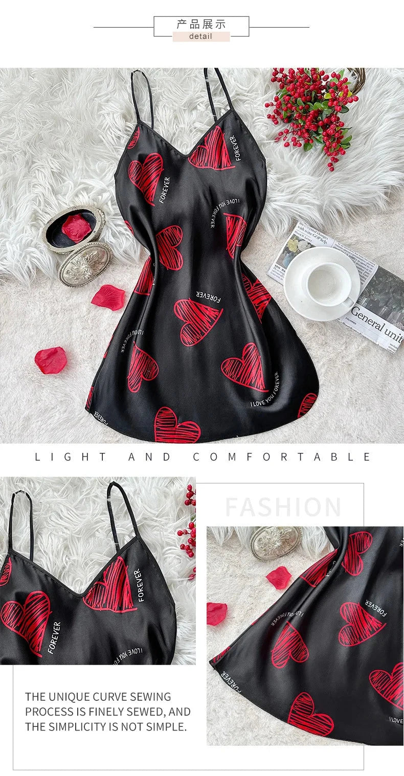 Valentine's Day Red Lip Print Satin Slip Nightdress V Neck GlowCart