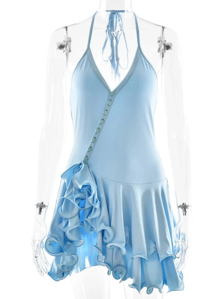 Sibybo Ruffles Hem Sleeveless Mini Dress Women V-Neck GlowCart