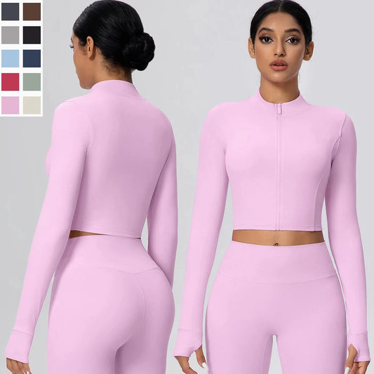 Woman Solid Color Slim Casual Zipper Long Sleeves Yoga Tight Naked Feel Sports Thumb Hole Gym Workout Top Running Yoga Jacket GlowCart