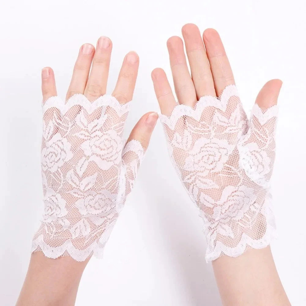 Women Short Lace Hollow-Out Fingerless Gloves Sun Protection GlowCart