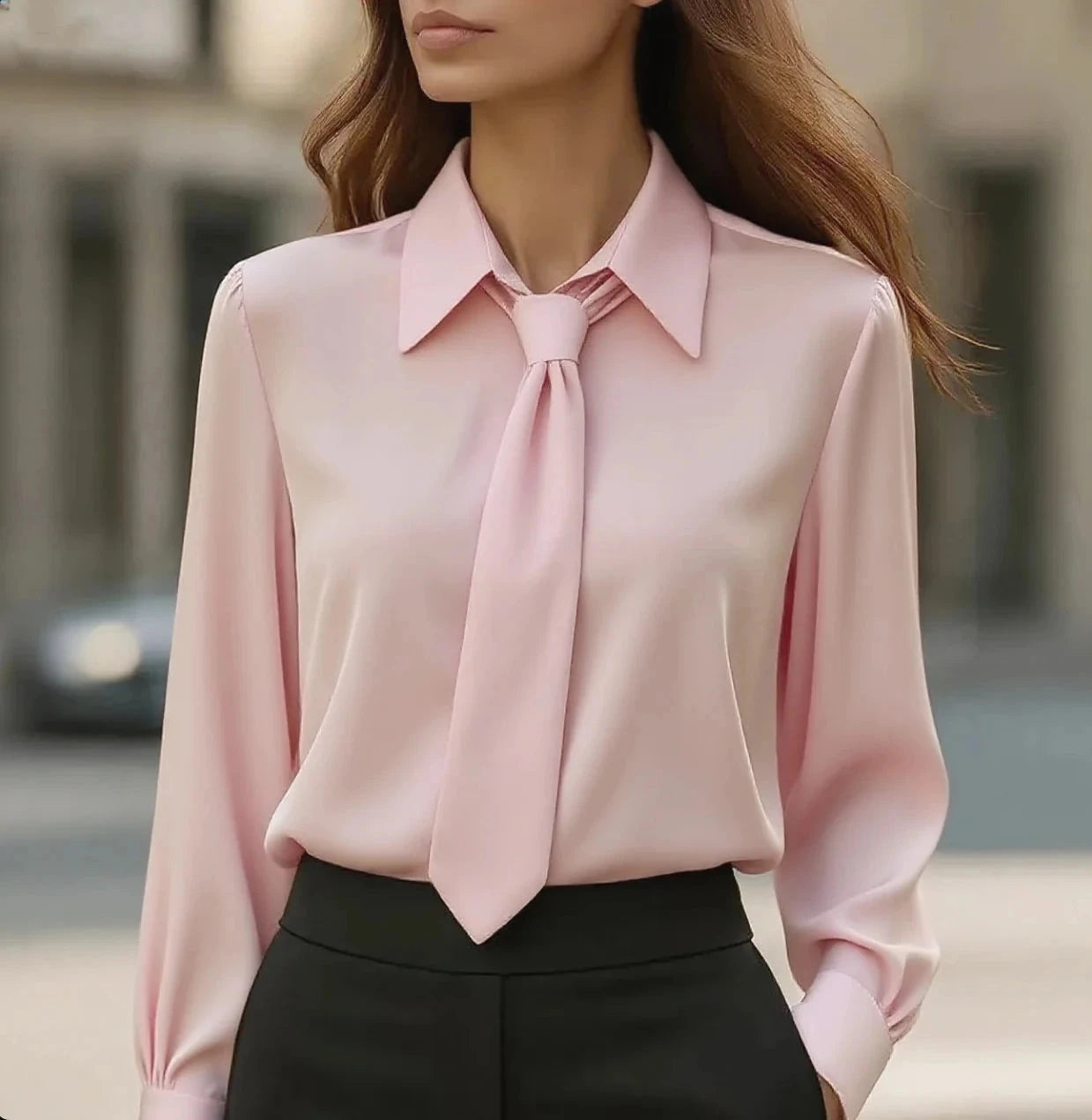 Women's Solid Color Satin Tie Long Sleeve Casual Shirt Work GlowCart