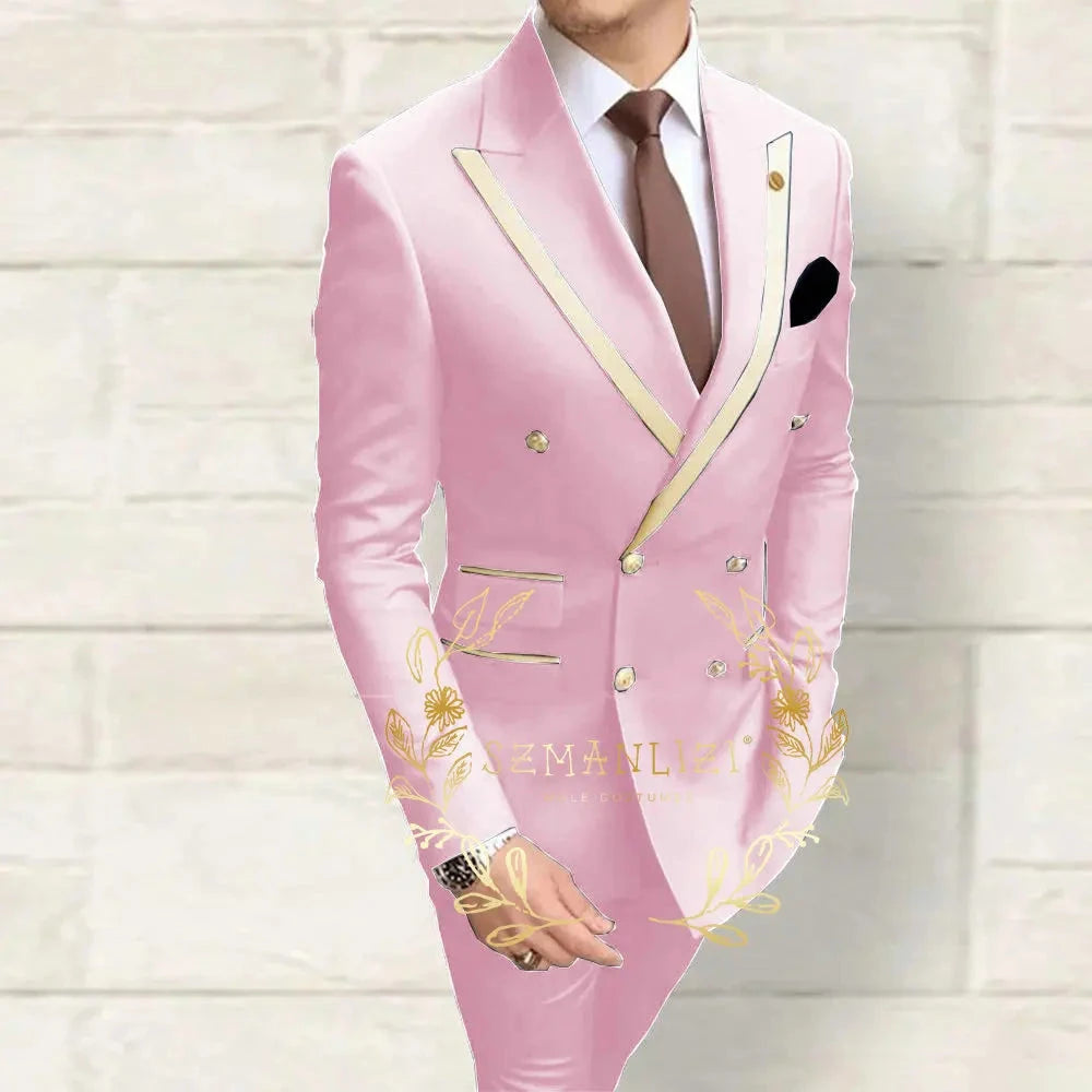 Double Breasted Men's Suits Navy Blue Peaked Lapel Slim Fit GlowCart