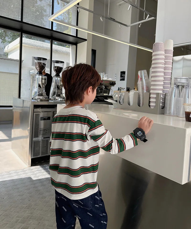 2025 autumn Children Clothes Girls Long Sleeves Bottoming Shirts Cool Boys Stripe Cotton T-shirt Teen Loose Casual 2-7y Kids Top GlowCart