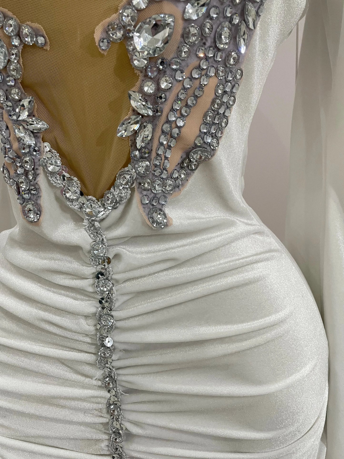 Luxury Sparkly Crystals Sexy Mesh White Velvet Short Dress GlowCart