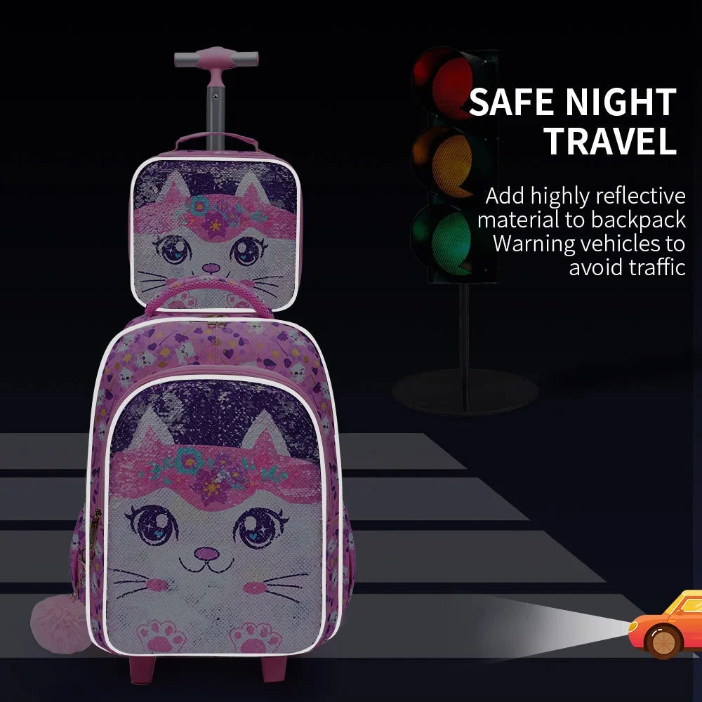 3PCS set Rolling Backpack For Girls, Cute Cartoon Cat Sequin Wheeled Bookbag For Elementary Students, With Lunch Box And Pen Bag GlowCart