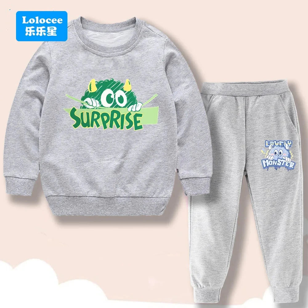 Spring/Autumn Children's Clothing Sets Cartoon Monster Print Boys' O Neck Sweatshirt Pants Two Piece Pullover Set for Kids GSJX1 GlowCart