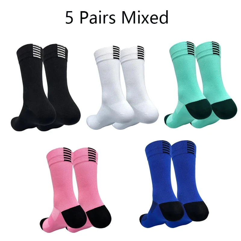 5 Pairs Cycling Sock Men Compression Sports Sock Outdoor MTB Road Bike Socks Running Hiking Breathable Mesh Mid Tube Mountain GlowCart