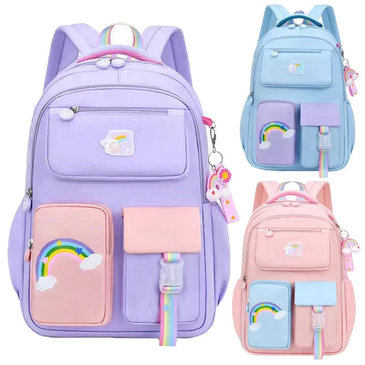 Primary High Class Backpack for Girls Macaron Color Blocking Kid Backpack Rainbow Zipper Large Capacity Teen Girl School Bag GlowCart