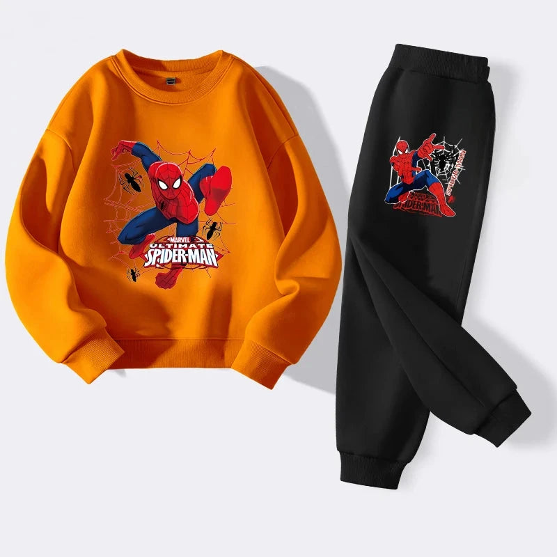 Disney Boys Casual Hoodies Sets Cartoon Spider-Man Printed Children's Pullover Long Pant Two Piece Suit Autumn Kids Sweatsuit GlowCart