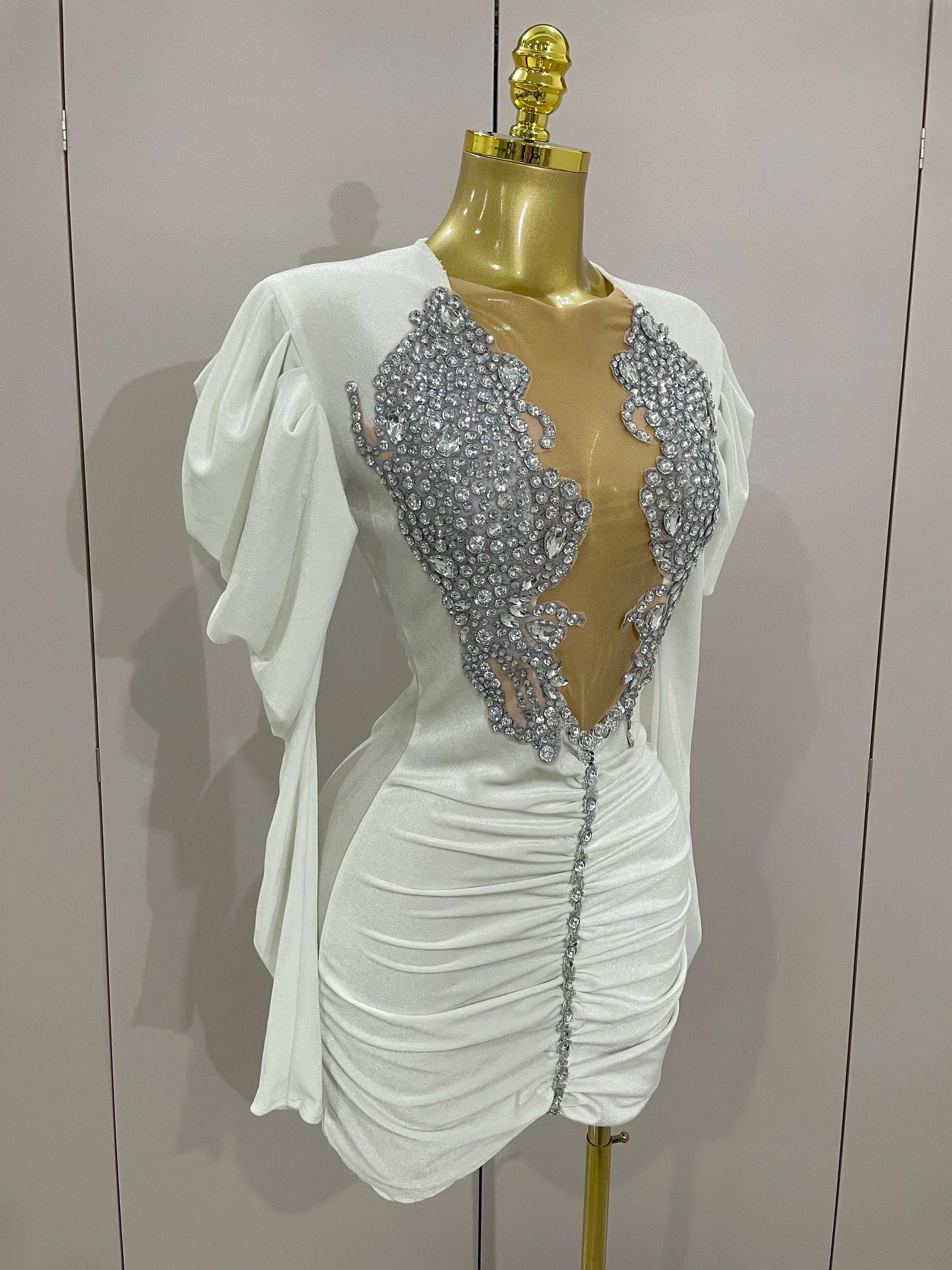 Luxury Sparkly Crystals Sexy Mesh White Velvet Short Dress GlowCart