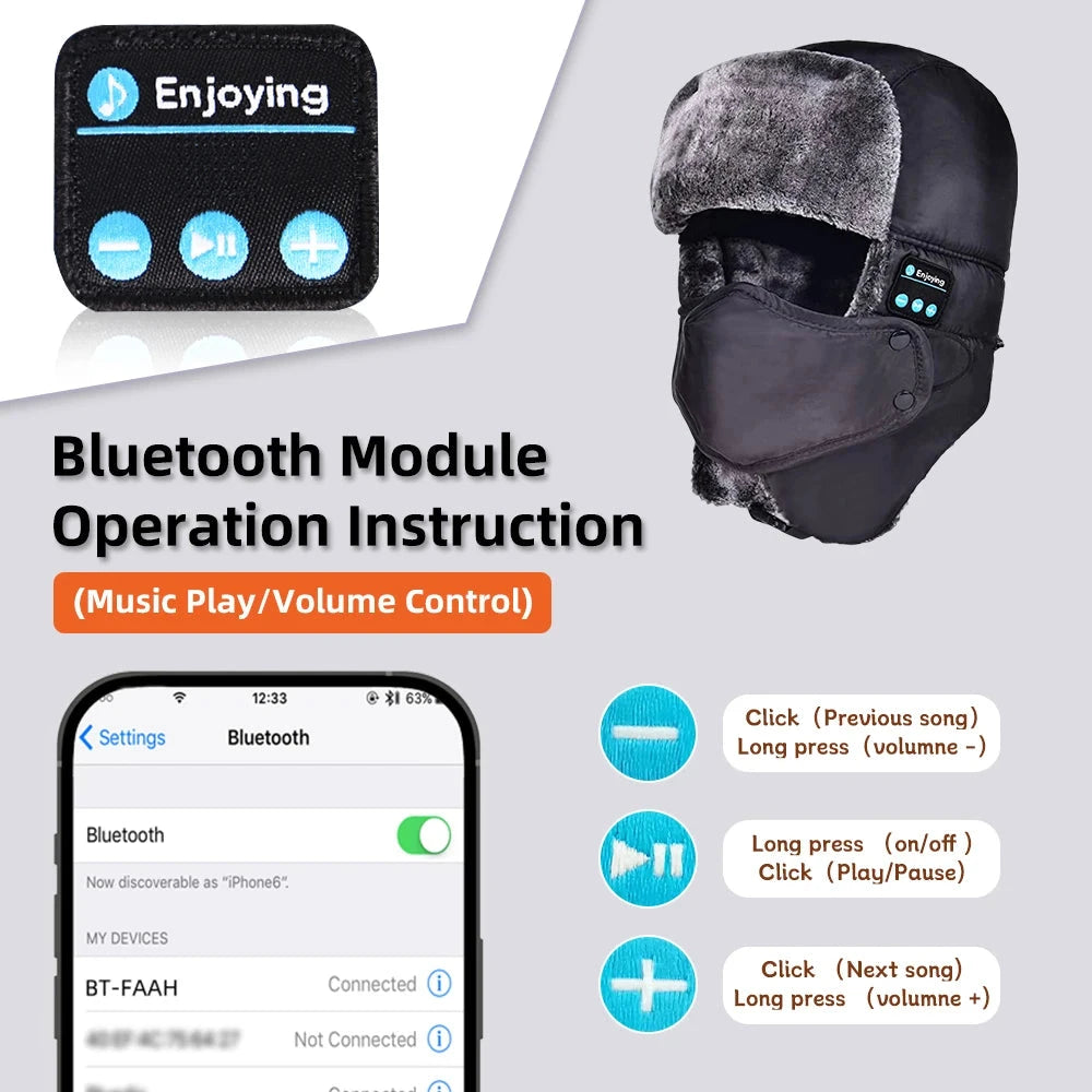 Wirelss Headset Hat Trapper Winter Russian Ushanka Ski Hat GlowCart