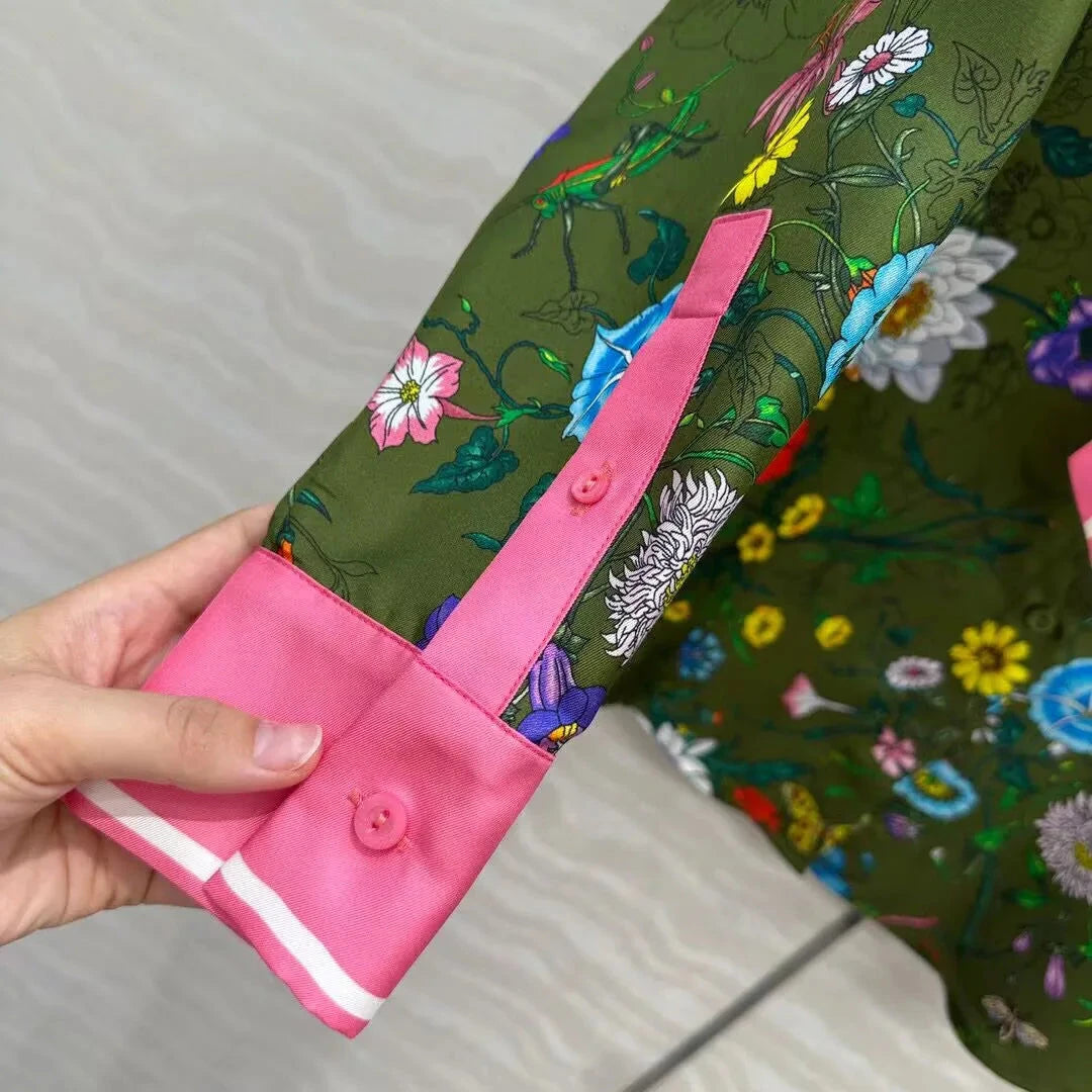 Vintage Floral Print 100% Twill Silk Shirt Women Lapel GlowCart