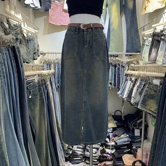 2023 Autumn New Women's High-Waisted Long Denim Skirt With Double Pocket Side Slit Slimming Draped Straight-Leg Loose Fit GlowCart