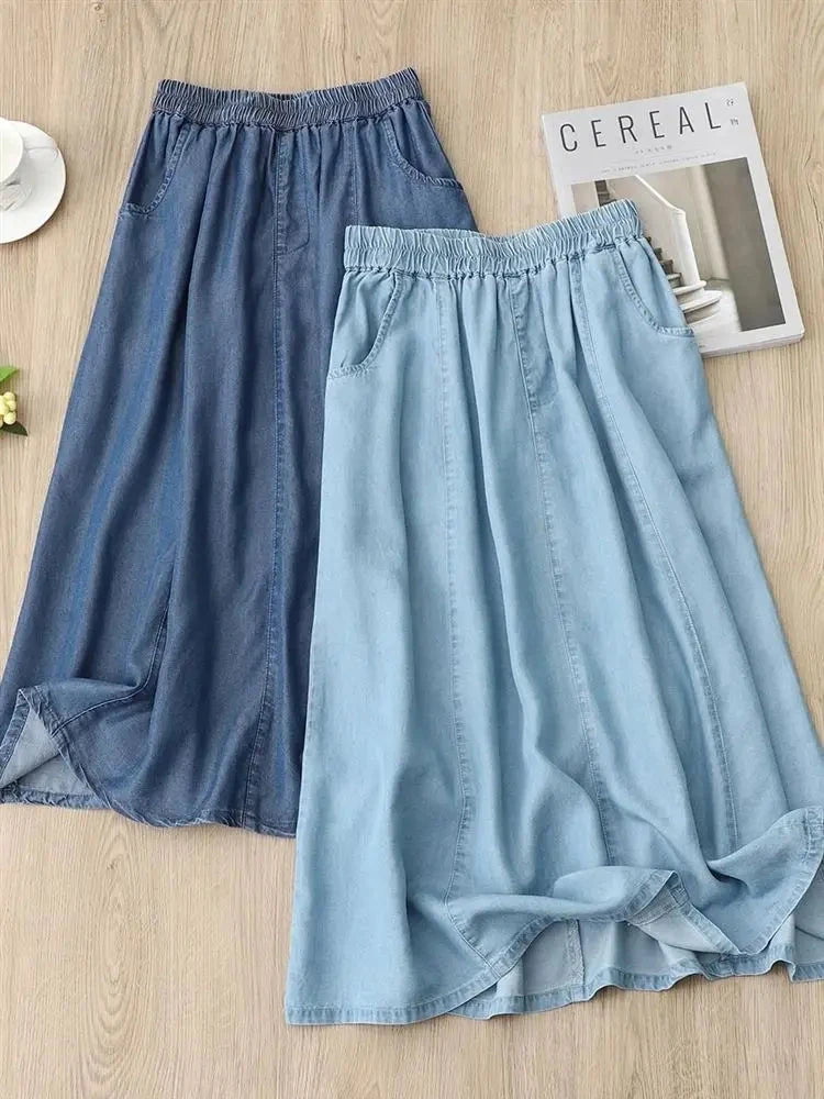 Soft Denim Skirt Women's Summer New Thin Style Large Size Jean Skirt Korean Version Loose High Waisted Elastic A-line Skirts GlowCart