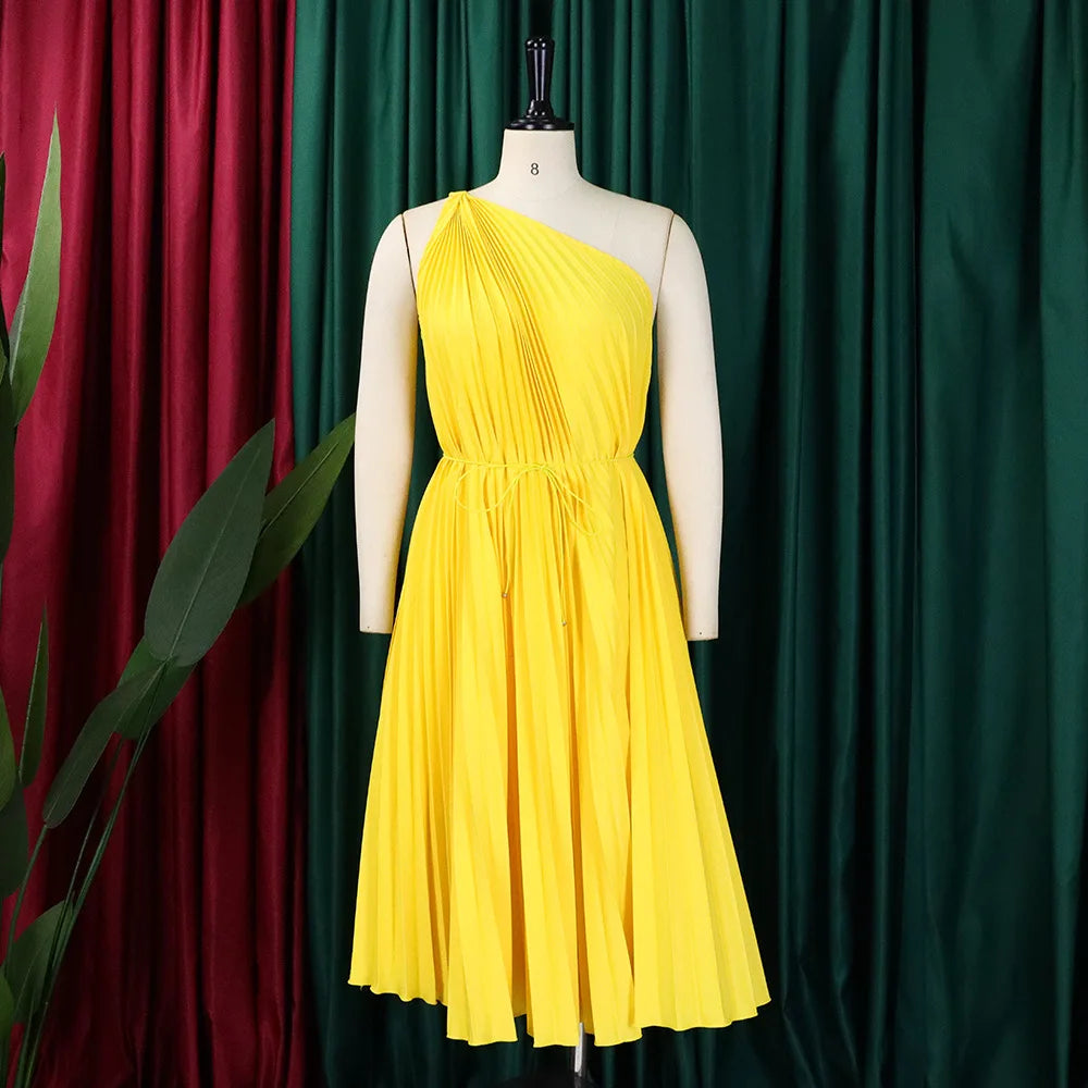 CM.YAYA Women One Shoulder Sleeveless Big Swing Pleated Knee Length Dress 2023 Fashion Street Vestidos Sexy Chic Dresses GlowCart