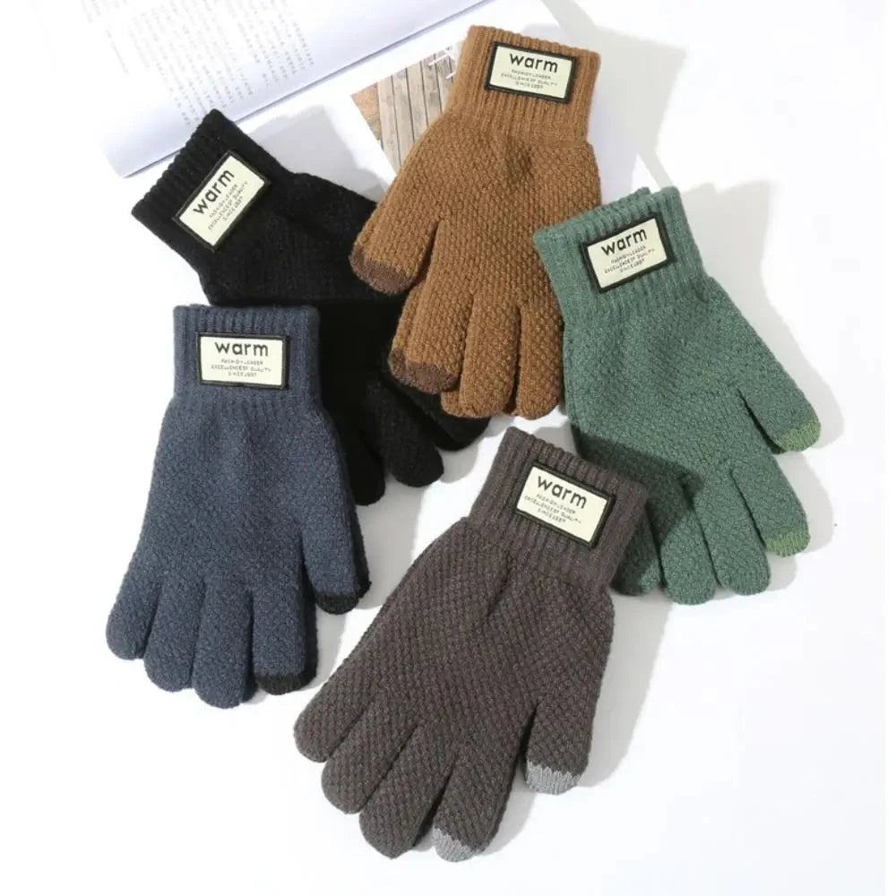New Men Winter Warm Knitted Gloves Windproof Solid Color Touch Screen Gloves Thickened Plush Cycling Gloves GlowCart