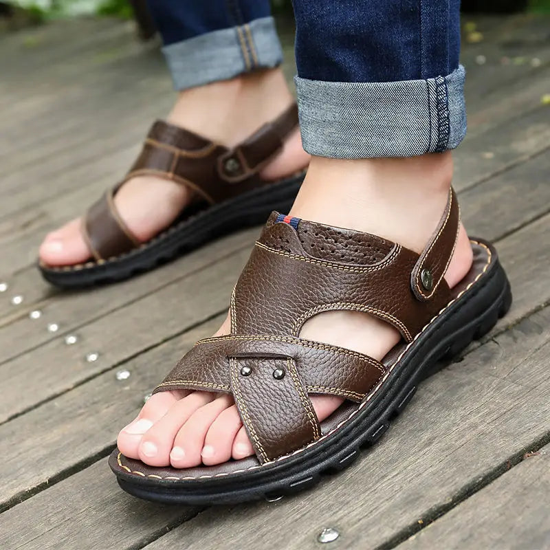 Summer Men Leather Sandals Genuine Leather Non-slip Men Shoes Slippers Outdoor Thick-soled Beach Shoes Comfor Soft Men sandalias GlowCart