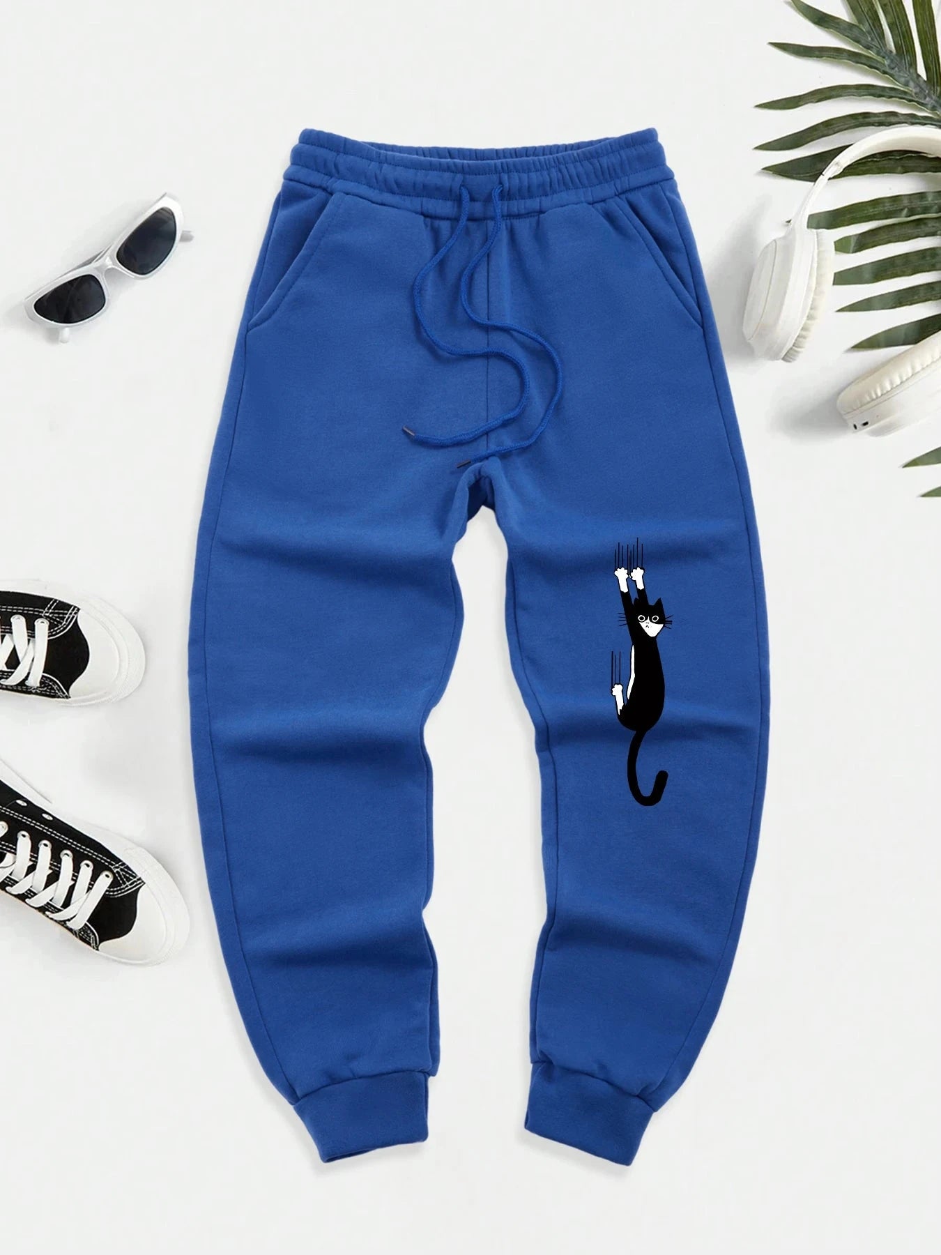 Black Cat Scratch Printed Men Autumn Warm Sweatpant Casual GlowCart