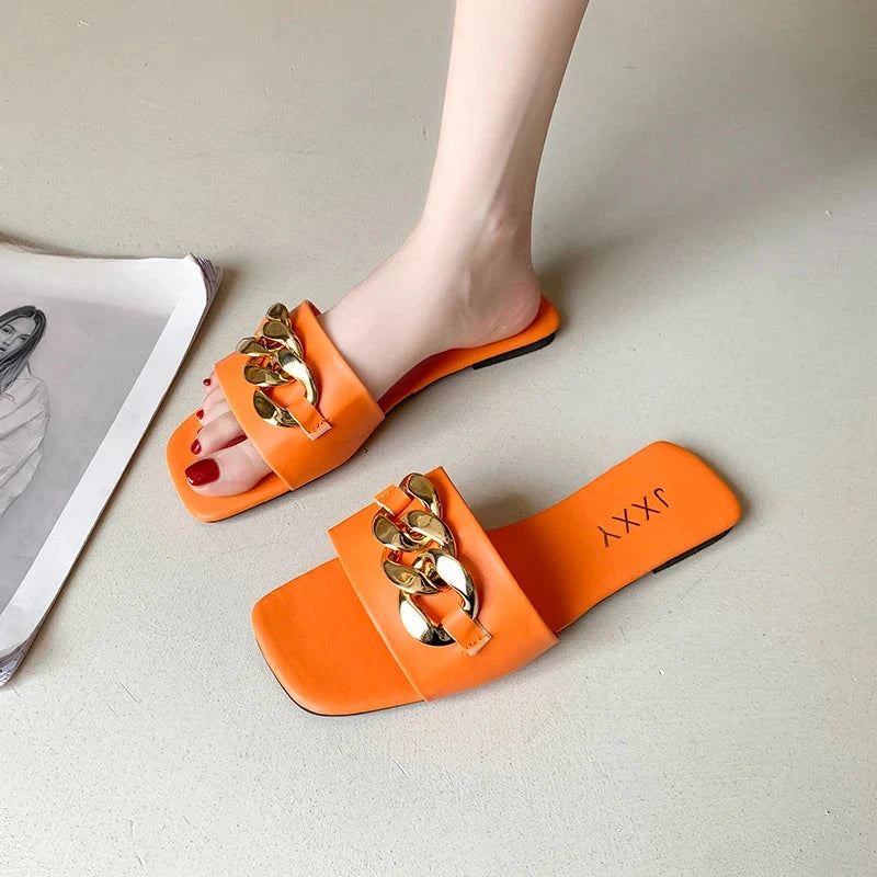 2025 New Fashion Women's Slippers Square Toe Chain Slippers GlowCart